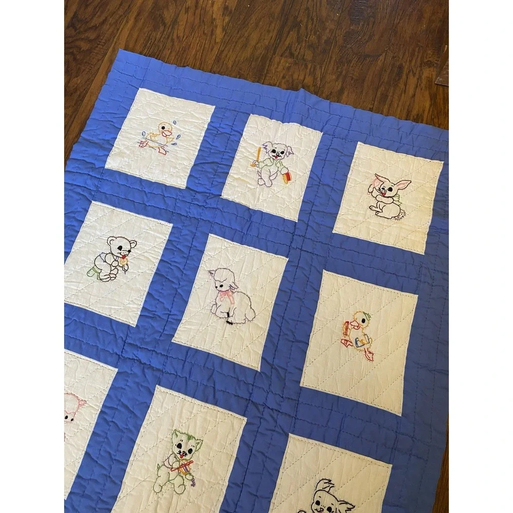 Vtg Cotton Crib Boy Baby Blanket Hand Embroidered 12 Blocks Animals Unisex